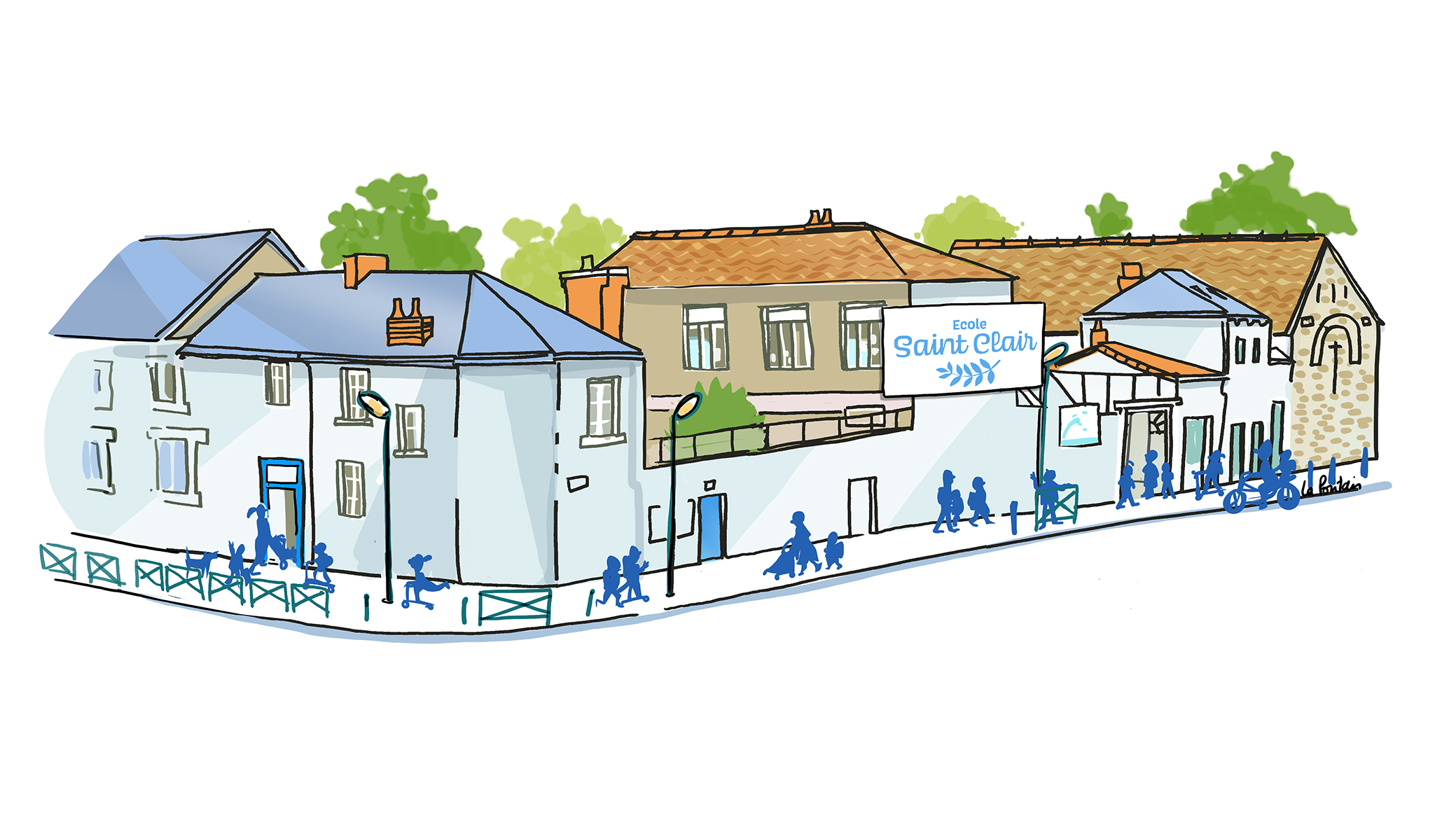 Dessin de l'école Saint-Clair vue depuis la rue Danton